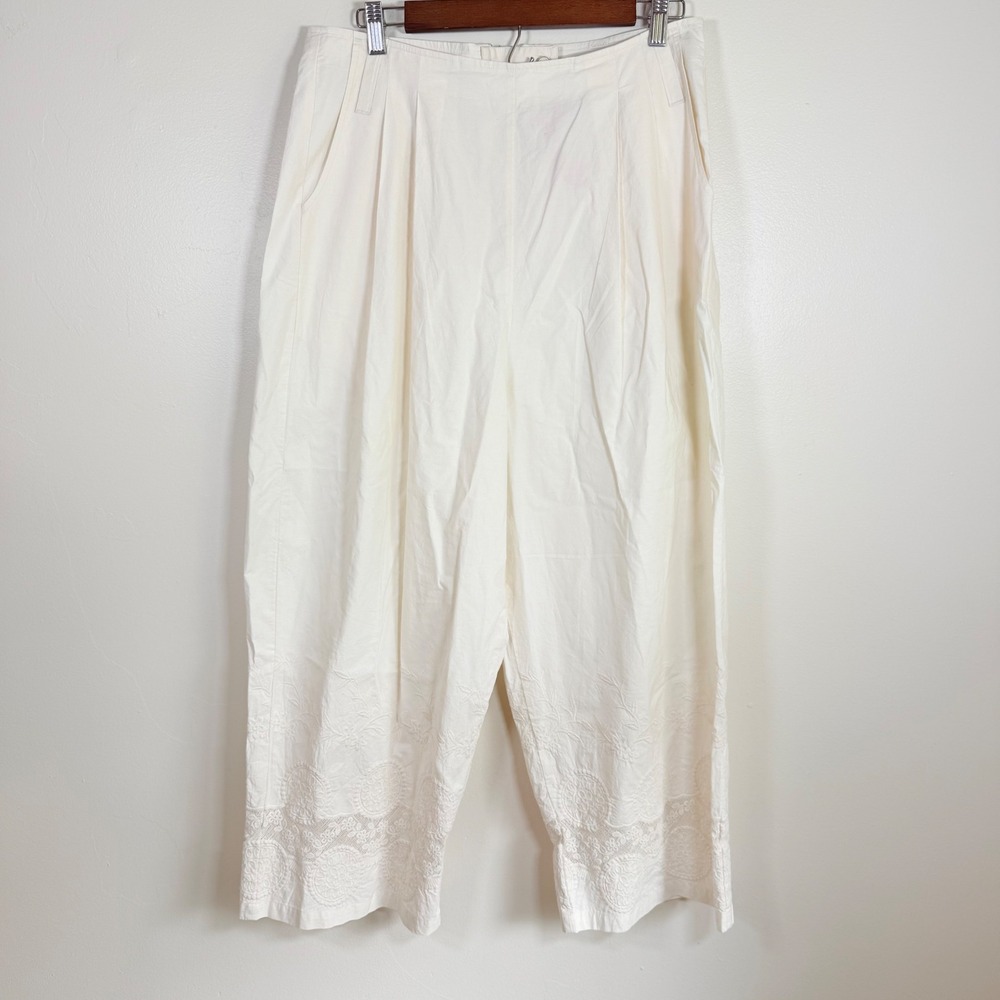 Ewa i Walla Amina Embroidered Cotton Wide Leg Pants Size M Cream